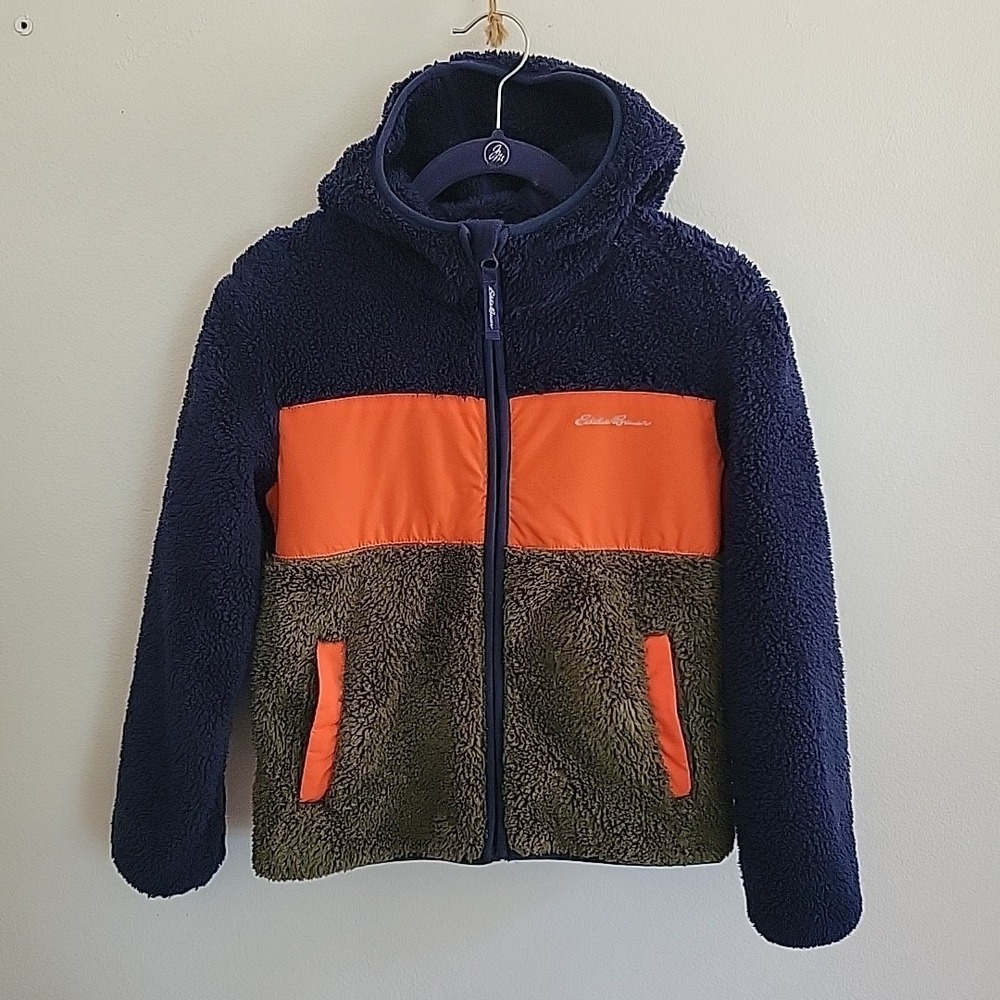 Eddie‎ Bauer Kids Sherpa Fleece Jacket Small 7-8 Colorblock Full Zip Mock Neck